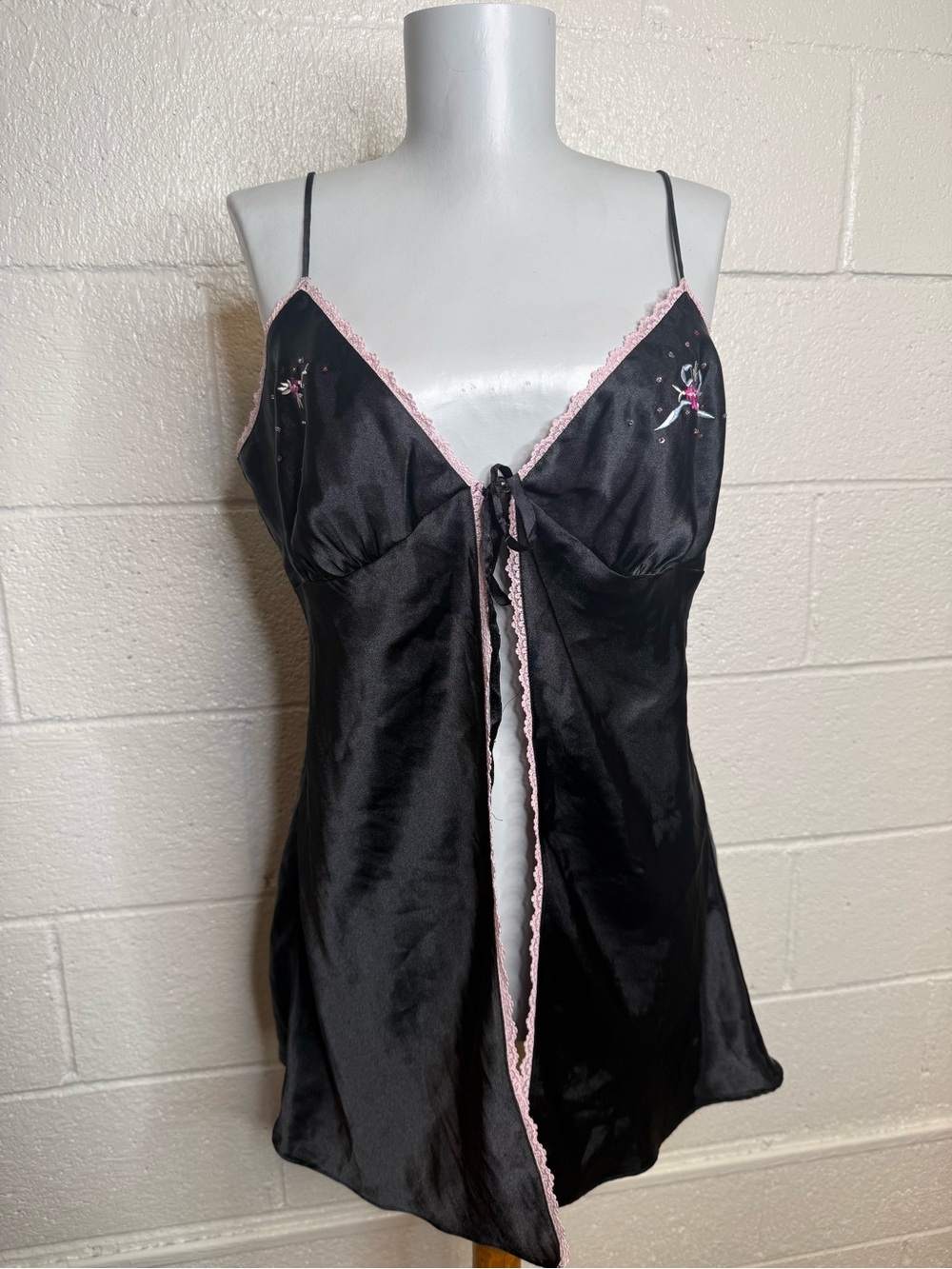 Victoria's Secret Black Satin Chemise with Pink Lace Trim